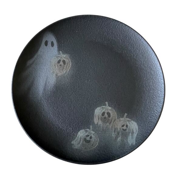 Halloween Ghost Pumpkin Salad Plates 8in Matte Black Set of 4 Made in Brazil NEW - Picture 1 of 11